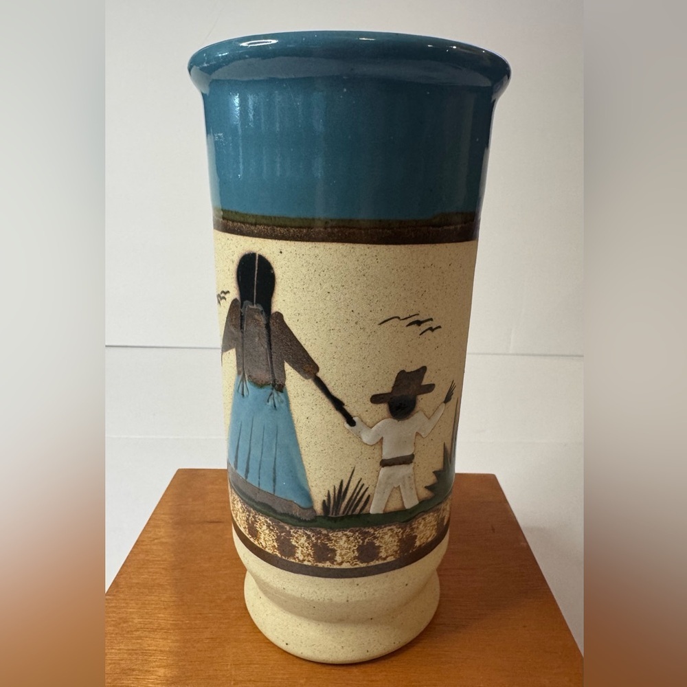 Mexican Tonala Pottery Vase, Sandstone Texture Hand-painted Mother & Child